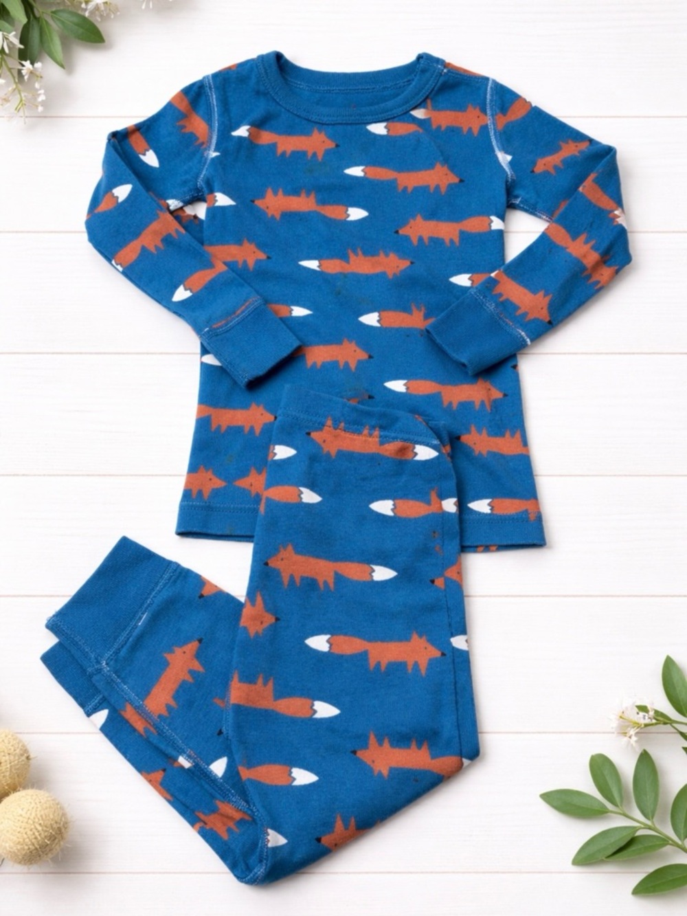 Hanna Andersson Blue Pajama Set with Brown Fox Print 100% Organic Cotton